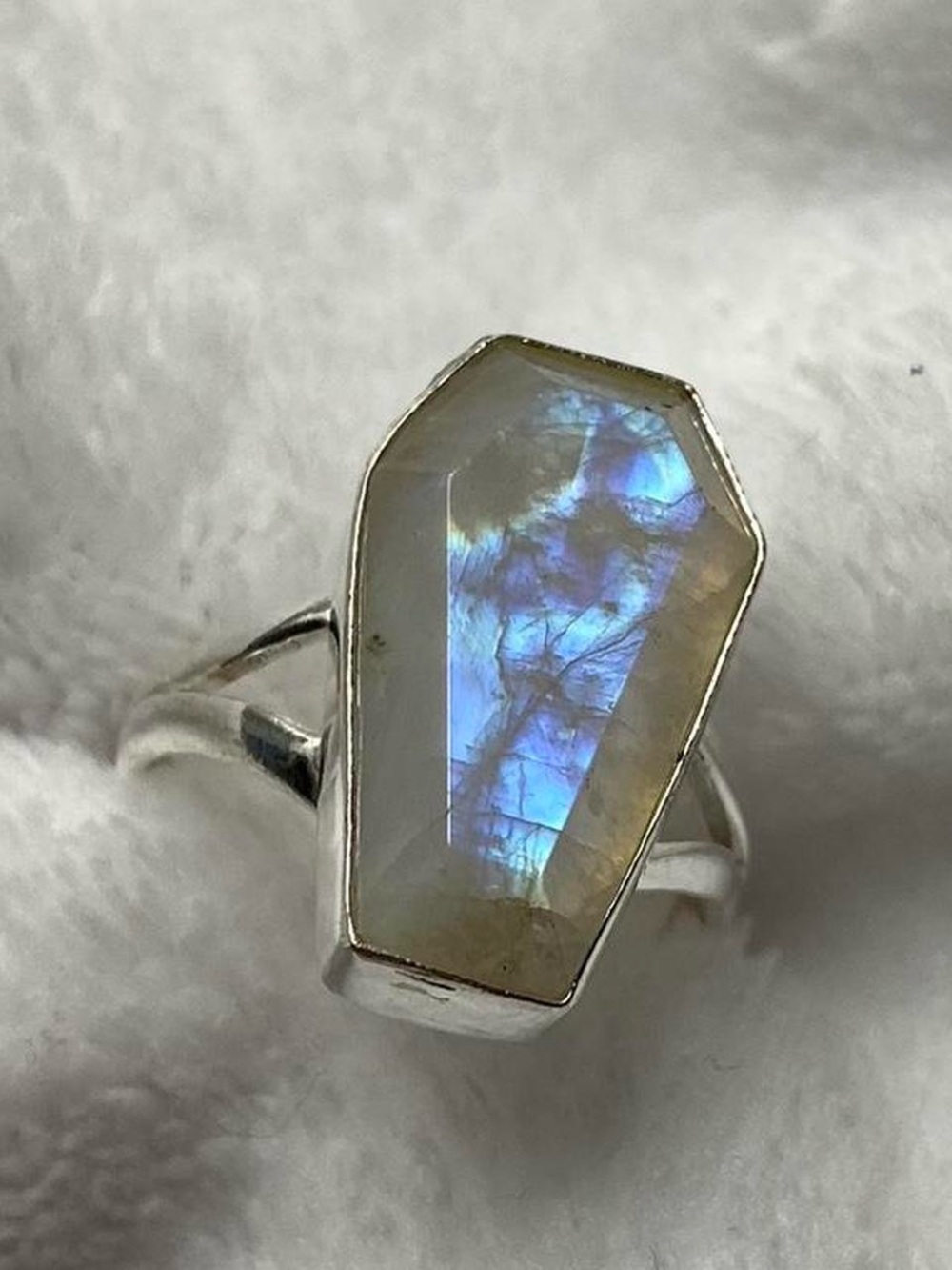 925 Silver Coffin Shaip Rainbow Moonstone Statement Ring in Blue Flash